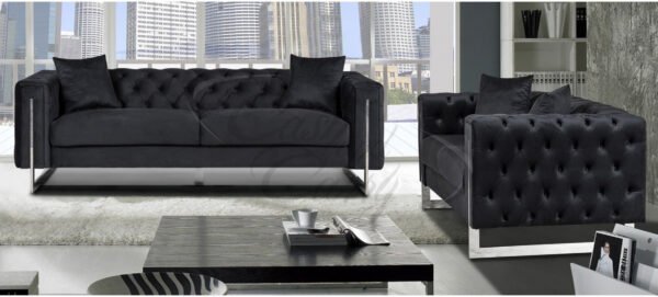 Fenzi Chesterfield Black Plush Velvet Sofa Set