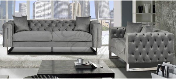 Fenzi Chesterfield Grey Plush Velvet Sofa Set