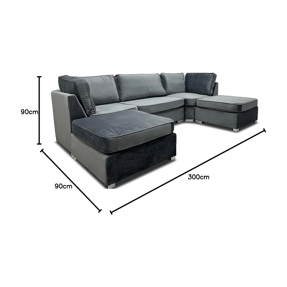 S.D Bishop Grey Plush Velvet U Shape Corner Sofa - Image 2