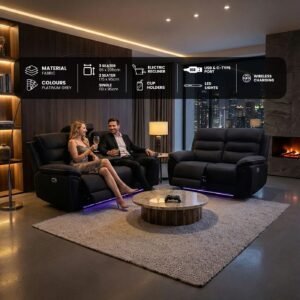 SYC Milano Electric Recliner Sofa Set, Fabric, 3 and 2 Seater, Platinum, with USB, Type C, LED, and Reading Lights