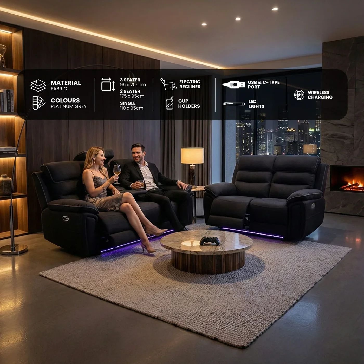 SYC Milano Electric Recliner Sofa Set, Fabric, 3 and 2 Seater, Platinum, with USB, Type C, LED, and Reading Lights