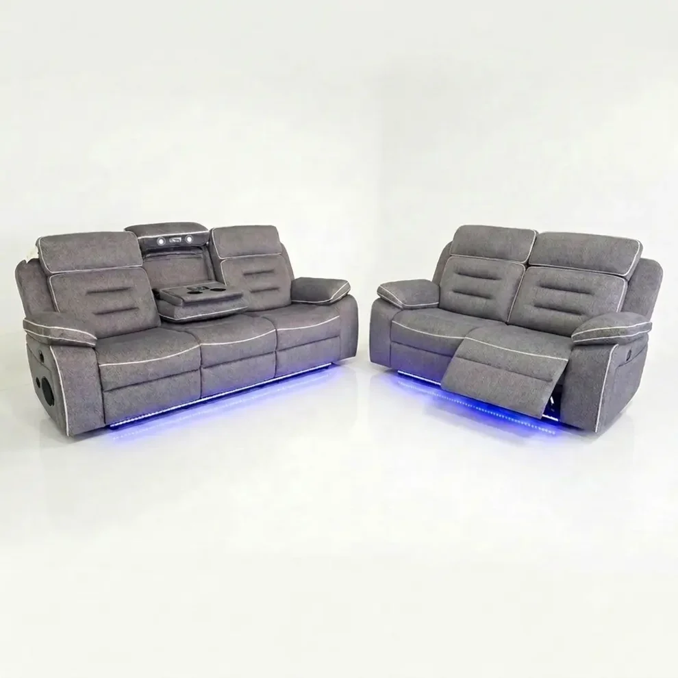 New Hafsa Fabric Electric Recliner 3+2 Seater Sofa Set – Bluetooth Speakers, LED Lights & Wireless Charging